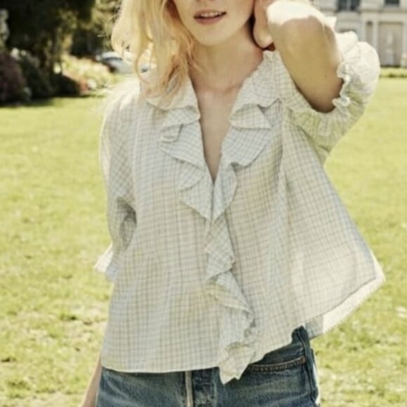 Doen Henri Top Blue Picnic Plaid Ruffle V-Neck Puff Sleeve Blouse Cottagecore L - Picture 1 of 11